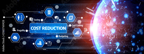 Photos This digital image showcases innovative concepts for cost reduction strategies, highlighting budgeting, saving, and frugality in a visually dynamic format