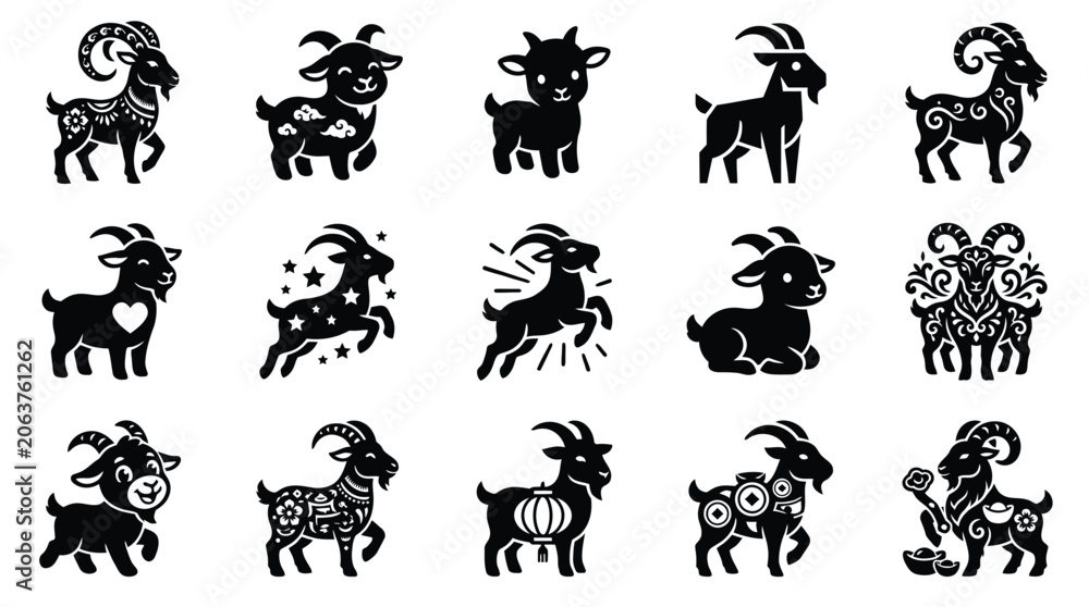 Obraz premium Collection of stylized goat and sheep illustrations in black and white, representing zodiac signs and symbols.