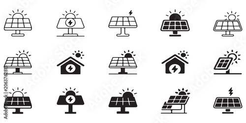 Fotografi Solar panel icons with sun and lightning symbols representing photovoltaic energy production and home power systems