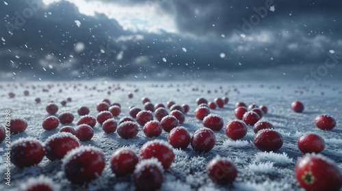 Frozen Cranberries Scattered on Snow Under Dramatic Winter Storm Clouds