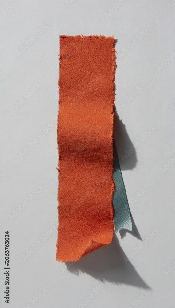 Obraz premium Torn terracotta orange paper strip with deckle edges and teal ribbon on grey background for scrapbooking layout and stationery mockup with generous copy space