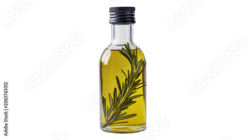Tableau sur toile Small glass bottle of golden olive oil with fresh rosemary sprig, isolated on tr