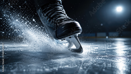 Close up of ice hockey player skate blade stopping fast on the cold dark arena rink