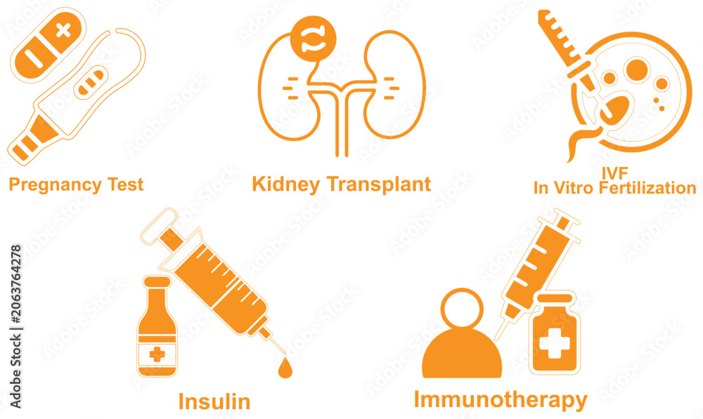Naklejka premium Editable reproductive and therapeutic medical icon set featuring pregnancy test, kidney transplant, in vitro fertilization, insulin, and immunotherapy symbols for fertility care vector design.