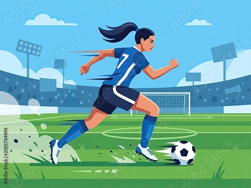 Female soccer player in action kicking ball.