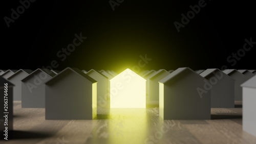 Foto Leuchtendes Haus inmitten einer Wohnsiedlung – Symbol für Energieeffizienz, Inno