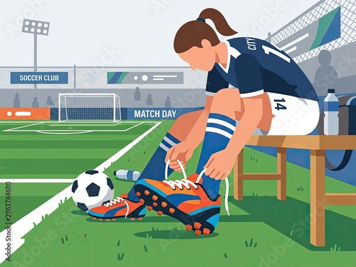 Female soccer player tying shoes on bench.