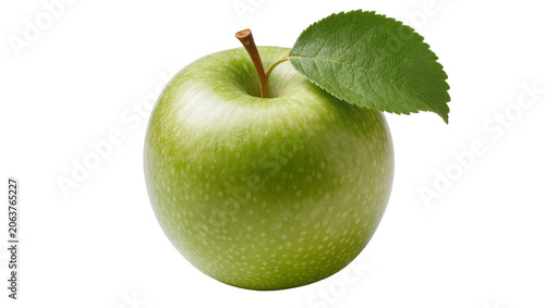 Photography Single green apple with stem and leaf, isolated on transparent background