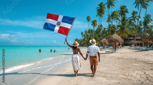 Dominican Republic Celebration: A couple walks hand-in-hand on a pristine beach, holding the Dominican Republic flag high amidst palm trees and turquoise waters.
