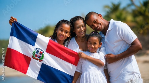 Dominican Family Pride: A happy Dominican family, two parents and two daughters, proudly display their nation's flag on a sunny beach, embodying unity and cultural heritage.