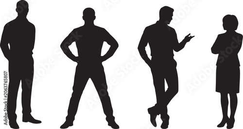 Fotografie Four people silhouettes standing and interacting isolated on white background

Collection of four adult people silhouettes standing in different poses, including conversation and interaction gestures