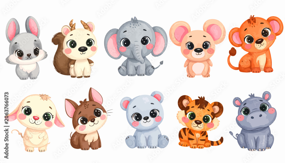 Fototapeta premium Adorable Baby Animals Collection Cute Cartoon Characters Set.