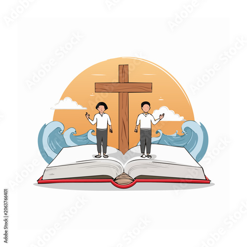 Children with cross and open book illustration