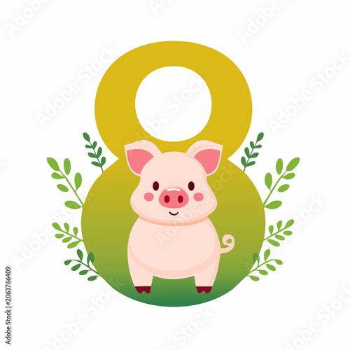 Cute Piggy with Number 8 and Green Leaves