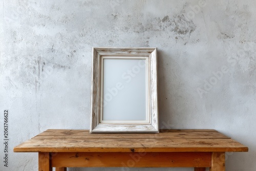 Empty rustic picture frame sits on a wooden table against a textured wall.