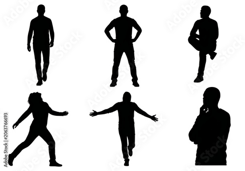 Silhouettes of people in various poses and stances