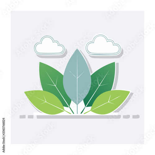 Flat design illustration of green leaves and clouds