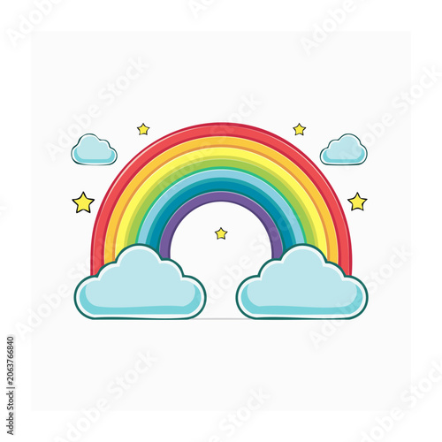 Flat design rainbow with clouds and stars