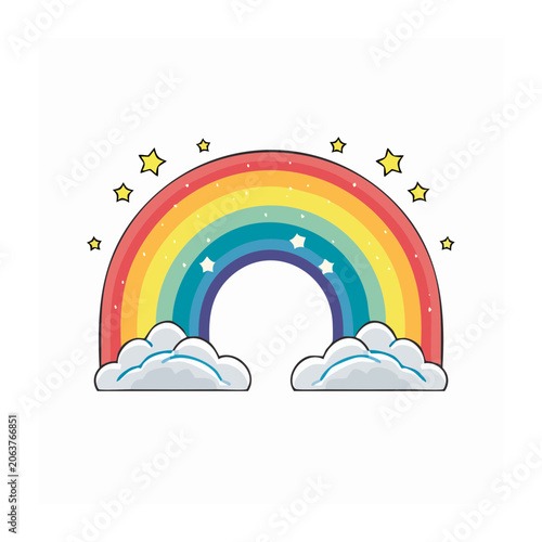 Flat design rainbow with clouds and stars