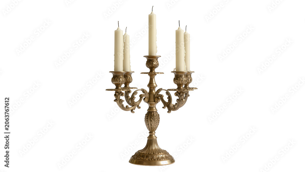Αυτοκόλλητο Antique brass candelabra with five cream candles, isolated on transparent backgr