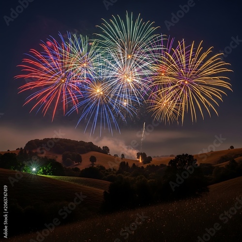 Vibrant Colorful Fireworks Display Exploding Over Hilly Night Landscape.