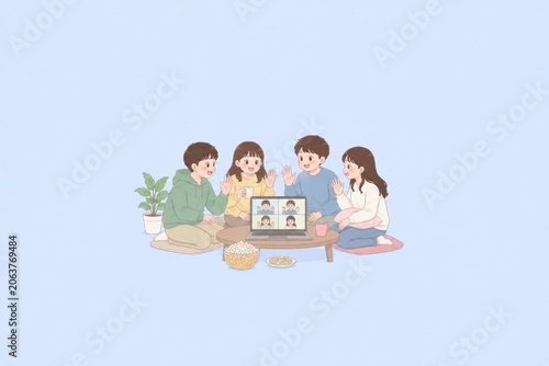 Close friends enjoying games, music, meals and meaningful moments together in a cozy lifestyle illustration.