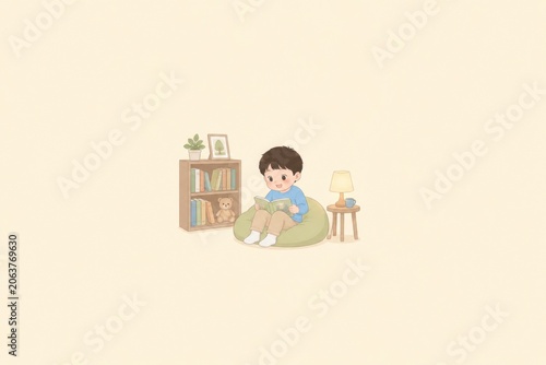 Cute child reading by a sunny window in a cozy pastel room, peaceful learning and home lifestyle.
