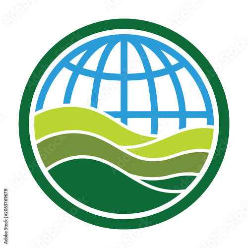 Green globe logo with hills and blue grid