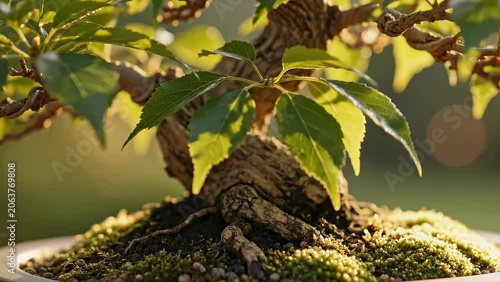 Close-up of a detailed bonsai tree with green leaves illuminated by sunlight, showcasing its gnarled trunk and mossy base