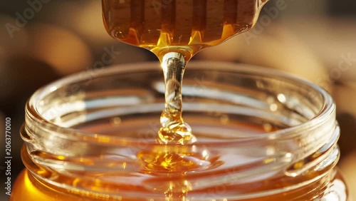 Golden Honey Dripping from a Wooden Dipper into a Glass Jar with a Blurred Background