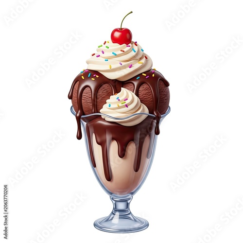 Delicious Chocolate Ice Cream Sundae with Whipped Cream and Cherry on White Background.