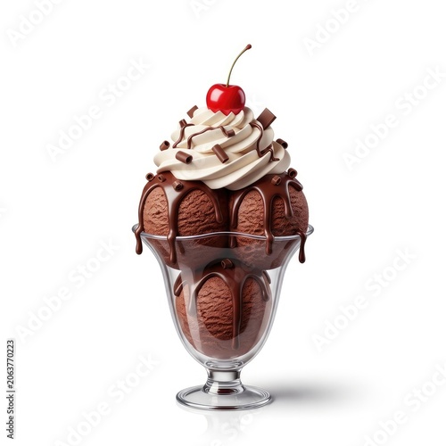 Decadent Chocolate Ice Cream Sundae with Whipped Cream and Cherry on White Background.