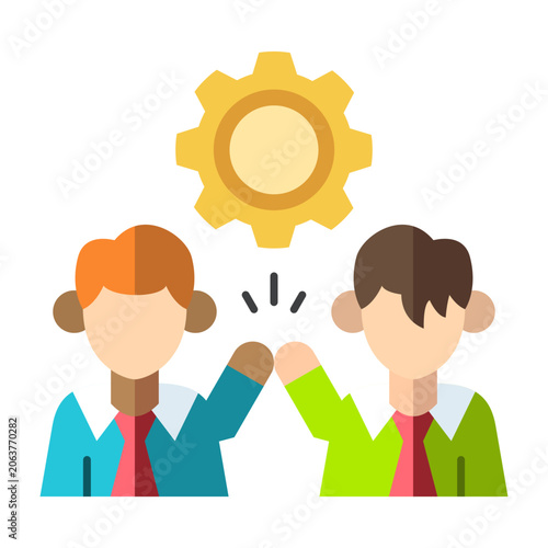 Team collaboration flat illustration with people and gear for workplace teamwork