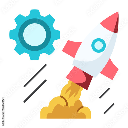 Productivity boost flat illustration with rocket launch and gear for business growth