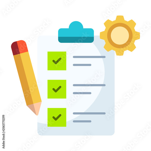 Task management flat illustration with checklist clipboard pencil and gear for productivity workflow
