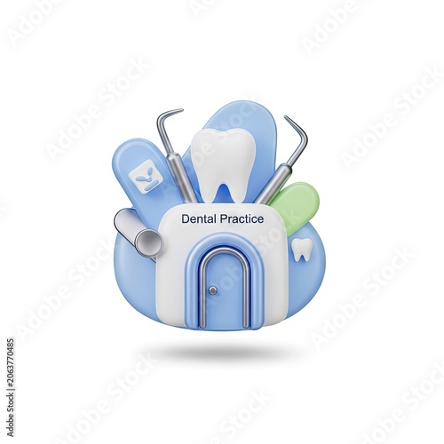 3D Render of Dental Practice with Tooth and Tools.