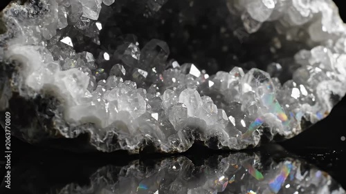 Close-up Macro Shot of a Sparkling Geode Crystal Formation with Reflective Surface