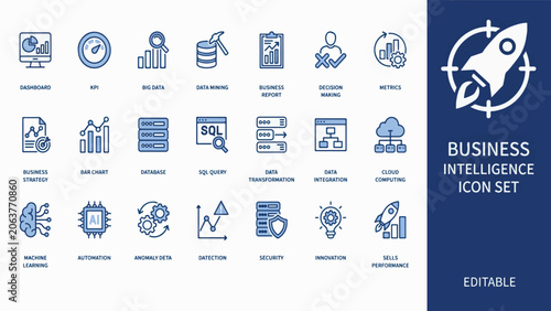 Collection of digital technology icons and professional data analytics symbols
