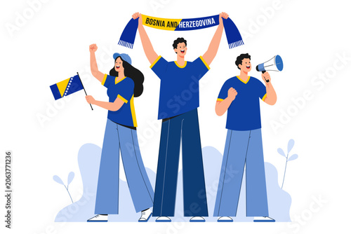 Schilderij op canvas Editorial vector illustration of Bosnia and Herzegovina football supporters celebrating victory with flags and scarves