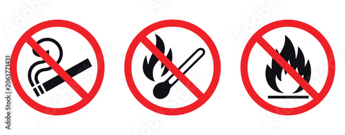 Fotografie No open fire sign, no smoking and no matches prohibition symbols, round safety labels for hazardous areas and fire prevention