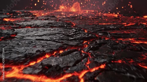 Fiery volcanic landscape with glowing molten lava flowing over cracked black rock under a dramatic sky