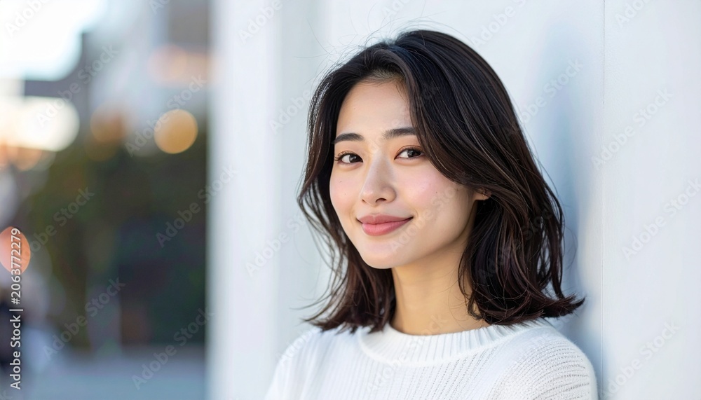 Fototapeta premium 清楚で可愛らしい日本人女性の美容ポートレート 白背景のナチュラルスキンケアイメージ
