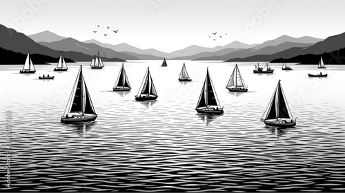 Sailing boats, sailboats on water, black and white illustration, nautical scene, vector graphics