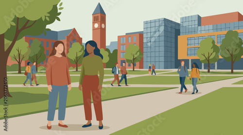 College students walking on campus with academic buildings and green spaces
