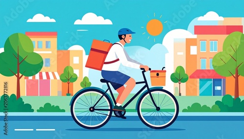 Man cycling through a vibrant suburban neighborhood in summer.