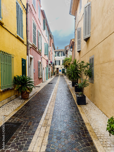 Streets of the old town of Cassis in the south of France on a rainy summer day.