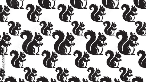 Obraz na plátně Repeating black and white squirrel silhouette pattern with bushy tails holding n
