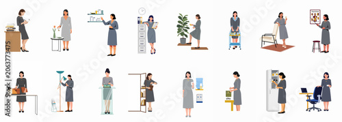 Fotografie Flat vector illustrations of professional women in various medical and office scenarios, including administering medication, organizing files, and providing healthcare consultations