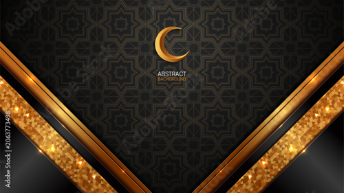 Premium Arabesque Islamic Pattern Featuring Luxury Gold with Moon Geometric Line Art for Muslim Festival Promotion and Website Background.