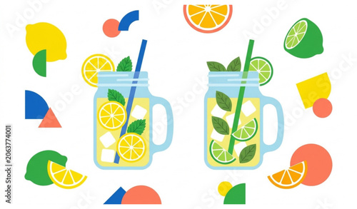 Bild auf Leinwand Summer Lemonade Mason Jar Collection with Citrus Slices and Fresh Herbs Flat Vec